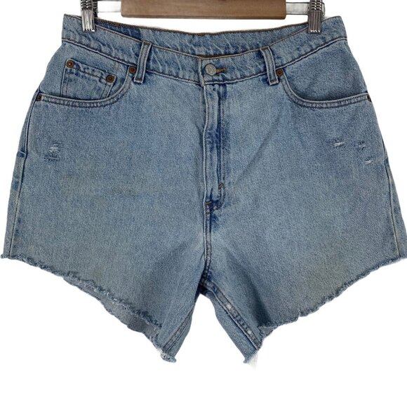 Vintage Levis 90s Jean Shorts Size 12 Distressed Cut Offs Light Wash Denim
